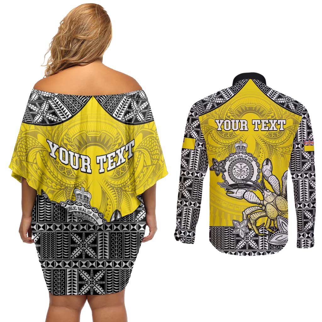 Personalised Happy Niue Constitution Day Couples Matching Off Shoulder Short Dress and Long Sleeve Button Shirt Niuean Crab Hiapo Pattern Yellow Version LT05 - Polynesian Pride