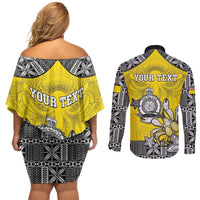 Personalised Happy Niue Constitution Day Couples Matching Off Shoulder Short Dress and Long Sleeve Button Shirt Niuean Crab Hiapo Pattern Yellow Version LT05 - Polynesian Pride