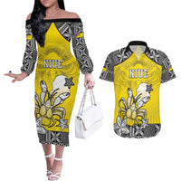 Personalised Happy Niue Constitution Day Couples Matching Off The Shoulder Long Sleeve Dress and Hawaiian Shirt Niuean Crab Hiapo Pattern Yellow Version LT05 Yellow - Polynesian Pride
