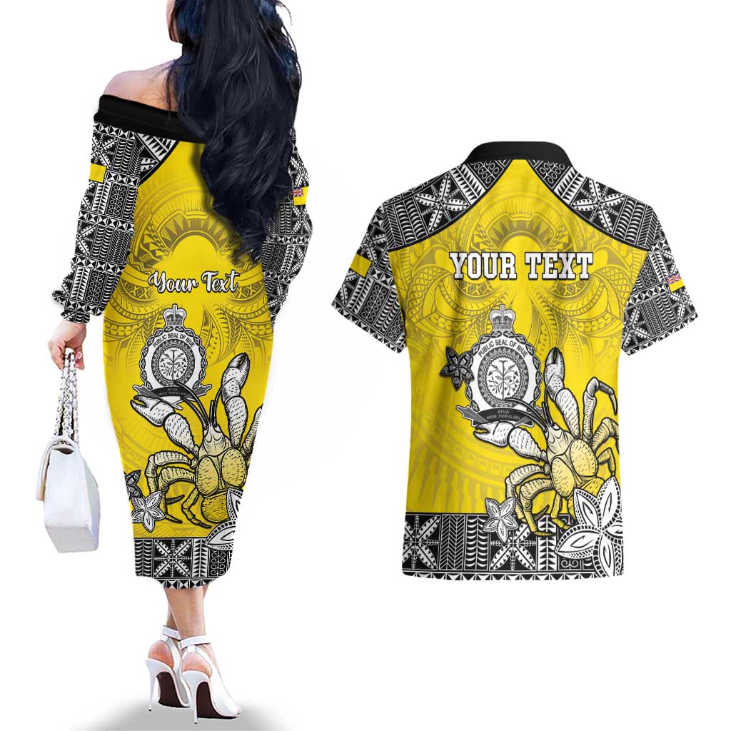 Personalised Happy Niue Constitution Day Couples Matching Off The Shoulder Long Sleeve Dress and Hawaiian Shirt Niuean Crab Hiapo Pattern Yellow Version LT05 - Polynesian Pride