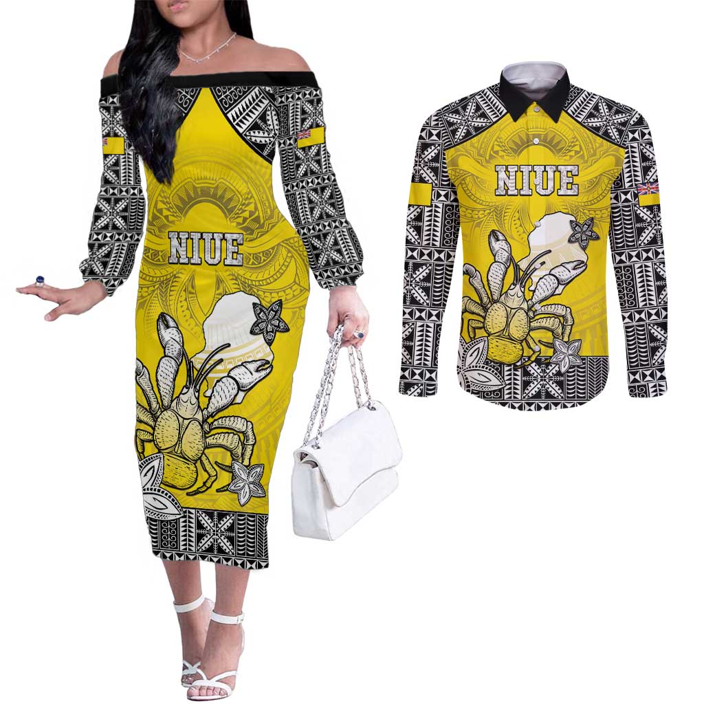 Personalised Happy Niue Constitution Day Couples Matching Off The Shoulder Long Sleeve Dress and Long Sleeve Button Shirt Niuean Crab Hiapo Pattern Yellow Version LT05 Yellow - Polynesian Pride