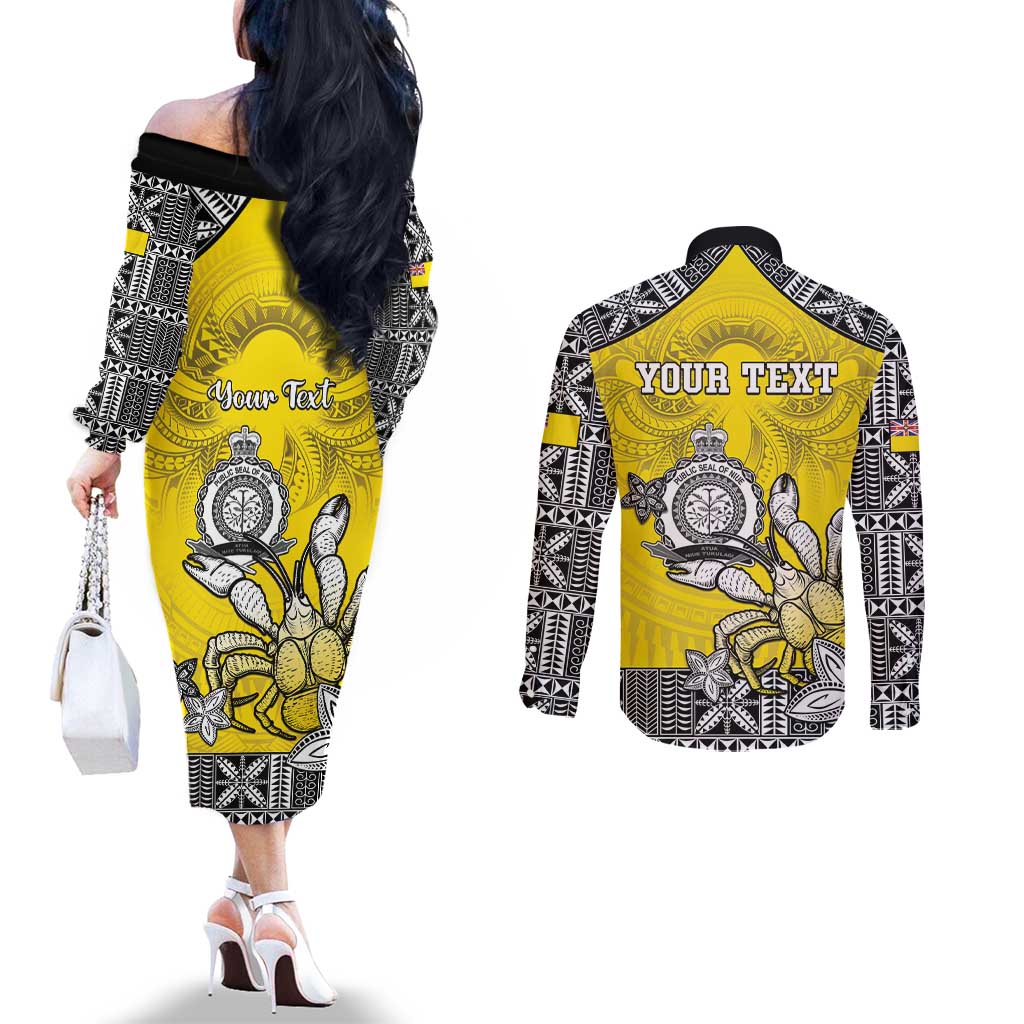 Personalised Happy Niue Constitution Day Couples Matching Off The Shoulder Long Sleeve Dress and Long Sleeve Button Shirt Niuean Crab Hiapo Pattern Yellow Version LT05 - Polynesian Pride
