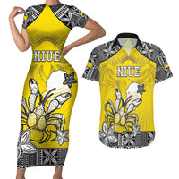 Personalised Happy Niue Constitution Day Couples Matching Short Sleeve Bodycon Dress and Hawaiian Shirt Niuean Crab Hiapo Pattern Yellow Version LT05 Yellow - Polynesian Pride