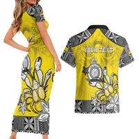Personalised Happy Niue Constitution Day Couples Matching Short Sleeve Bodycon Dress and Hawaiian Shirt Niuean Crab Hiapo Pattern Yellow Version LT05 - Polynesian Pride