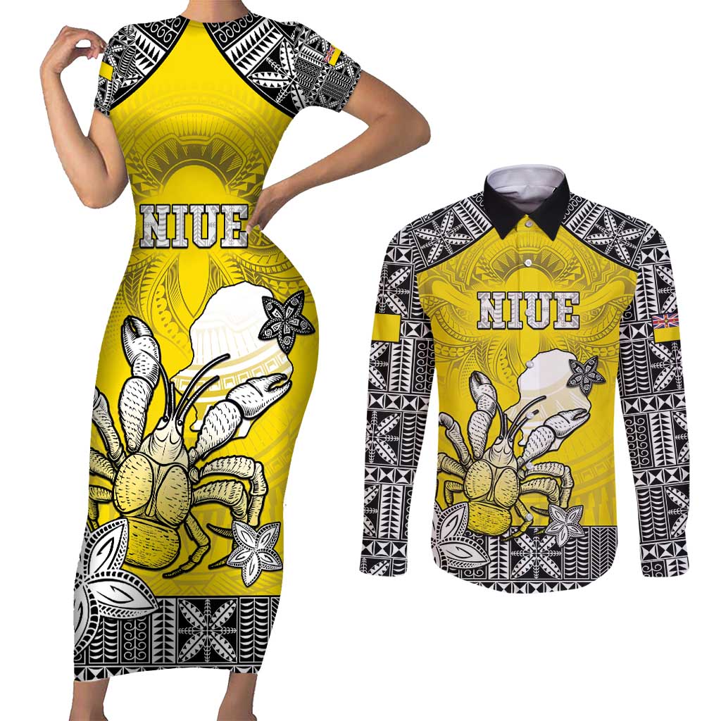 Personalised Happy Niue Constitution Day Couples Matching Short Sleeve Bodycon Dress and Long Sleeve Button Shirt Niuean Crab Hiapo Pattern Yellow Version LT05 Yellow - Polynesian Pride