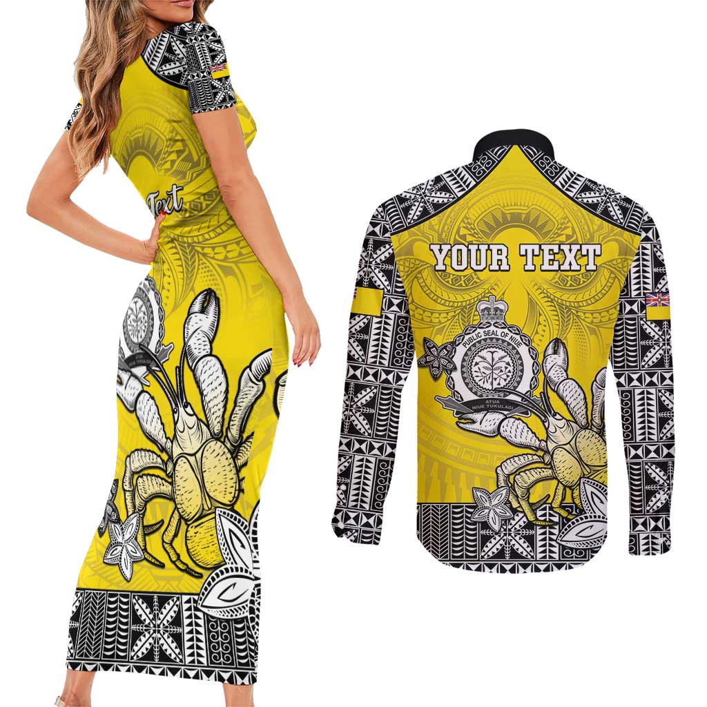 Personalised Happy Niue Constitution Day Couples Matching Short Sleeve Bodycon Dress and Long Sleeve Button Shirt Niuean Crab Hiapo Pattern Yellow Version LT05 - Polynesian Pride