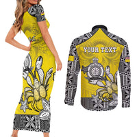Personalised Happy Niue Constitution Day Couples Matching Short Sleeve Bodycon Dress and Long Sleeve Button Shirt Niuean Crab Hiapo Pattern Yellow Version LT05 - Polynesian Pride