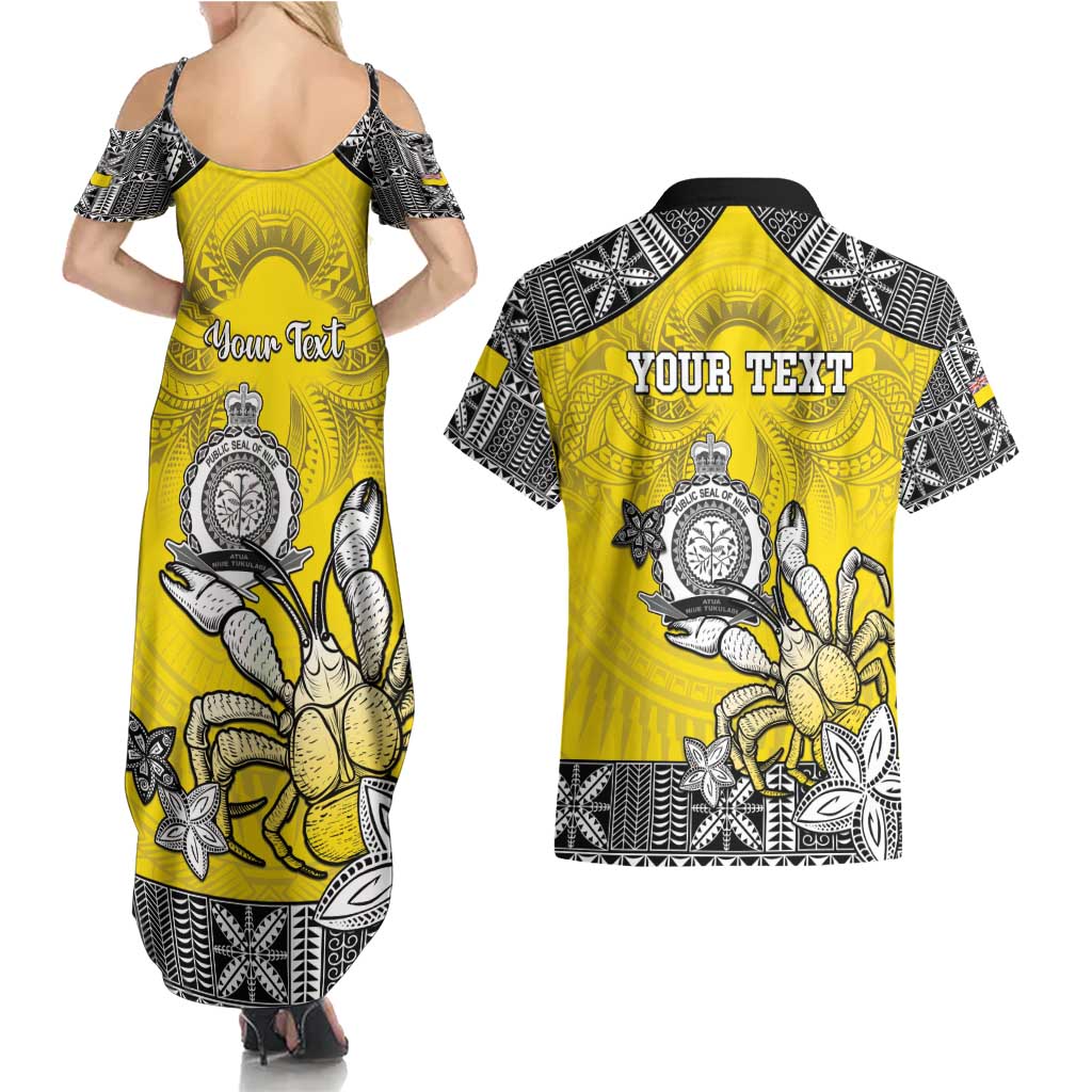 Personalised Happy Niue Constitution Day Couples Matching Summer Maxi Dress and Hawaiian Shirt Niuean Crab Hiapo Pattern Yellow Version LT05 - Polynesian Pride