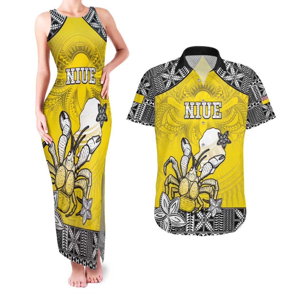 Personalised Happy Niue Constitution Day Couples Matching Tank Maxi Dress and Hawaiian Shirt Niuean Crab Hiapo Pattern Yellow Version LT05 Yellow - Polynesian Pride