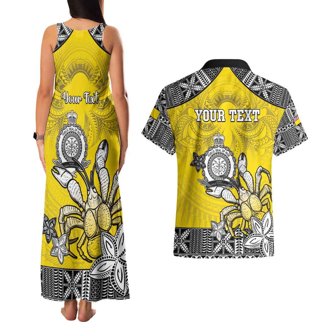 Personalised Happy Niue Constitution Day Couples Matching Tank Maxi Dress and Hawaiian Shirt Niuean Crab Hiapo Pattern Yellow Version LT05 - Polynesian Pride