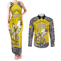 Personalised Happy Niue Constitution Day Couples Matching Tank Maxi Dress and Long Sleeve Button Shirt Niuean Crab Hiapo Pattern Yellow Version LT05 Yellow - Polynesian Pride
