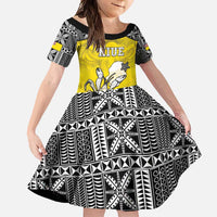 Personalised Happy Niue Constitution Day Family Matching Long Sleeve Bodycon Dress and Hawaiian Shirt Niuean Crab Hiapo Pattern Yellow Version LT05 Daughter's Dress Yellow - Polynesian Pride