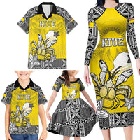 Personalised Happy Niue Constitution Day Family Matching Long Sleeve Bodycon Dress and Hawaiian Shirt Niuean Crab Hiapo Pattern Yellow Version LT05 - Polynesian Pride