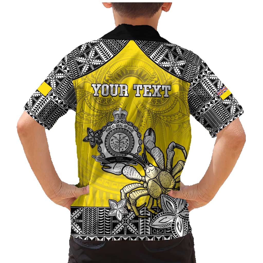 Personalised Happy Niue Constitution Day Family Matching Mermaid Dress and Hawaiian Shirt Niuean Crab Hiapo Pattern Yellow Version LT05 - Polynesian Pride