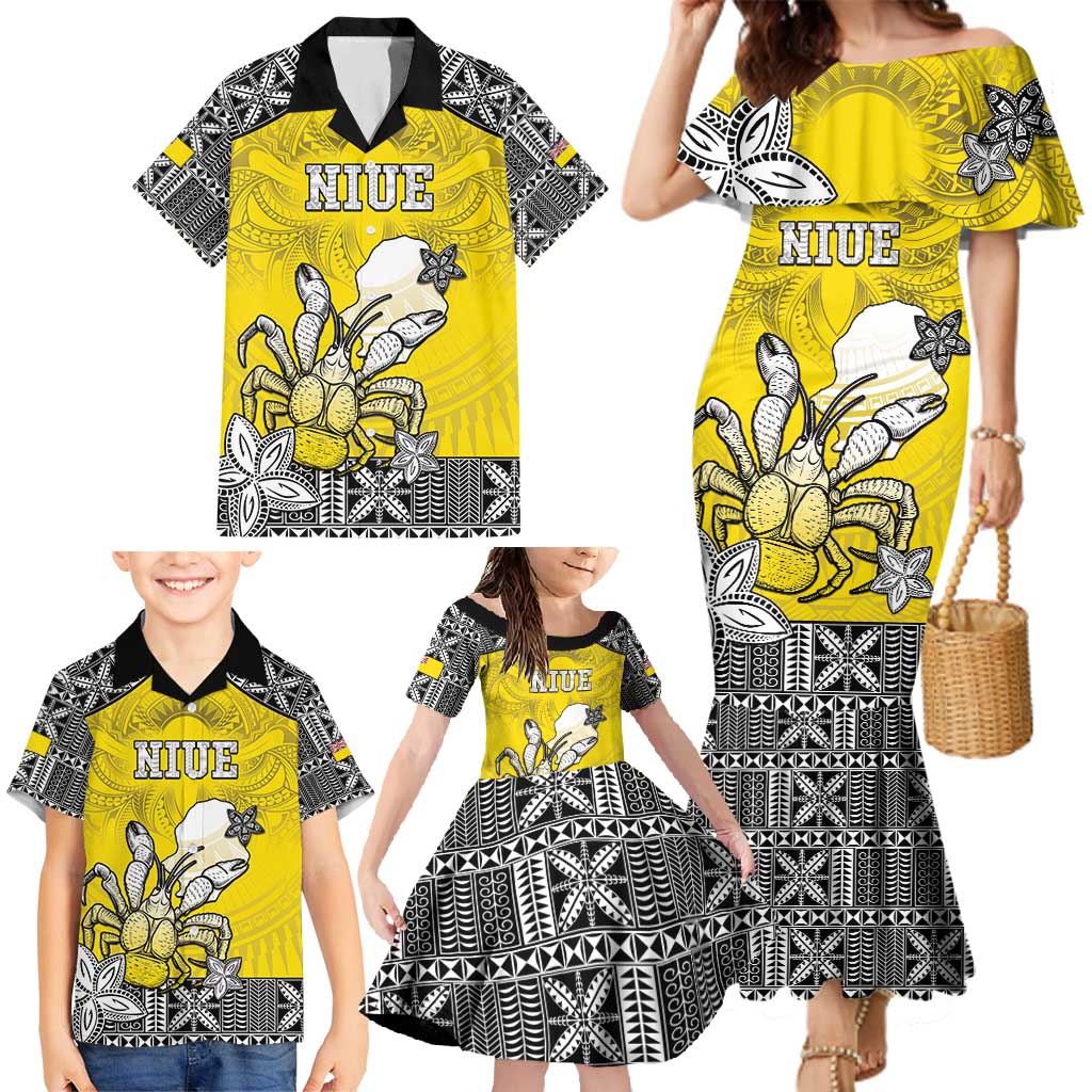 Personalised Happy Niue Constitution Day Family Matching Mermaid Dress and Hawaiian Shirt Niuean Crab Hiapo Pattern Yellow Version LT05 - Polynesian Pride