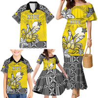 Personalised Happy Niue Constitution Day Family Matching Mermaid Dress and Hawaiian Shirt Niuean Crab Hiapo Pattern Yellow Version LT05 - Polynesian Pride