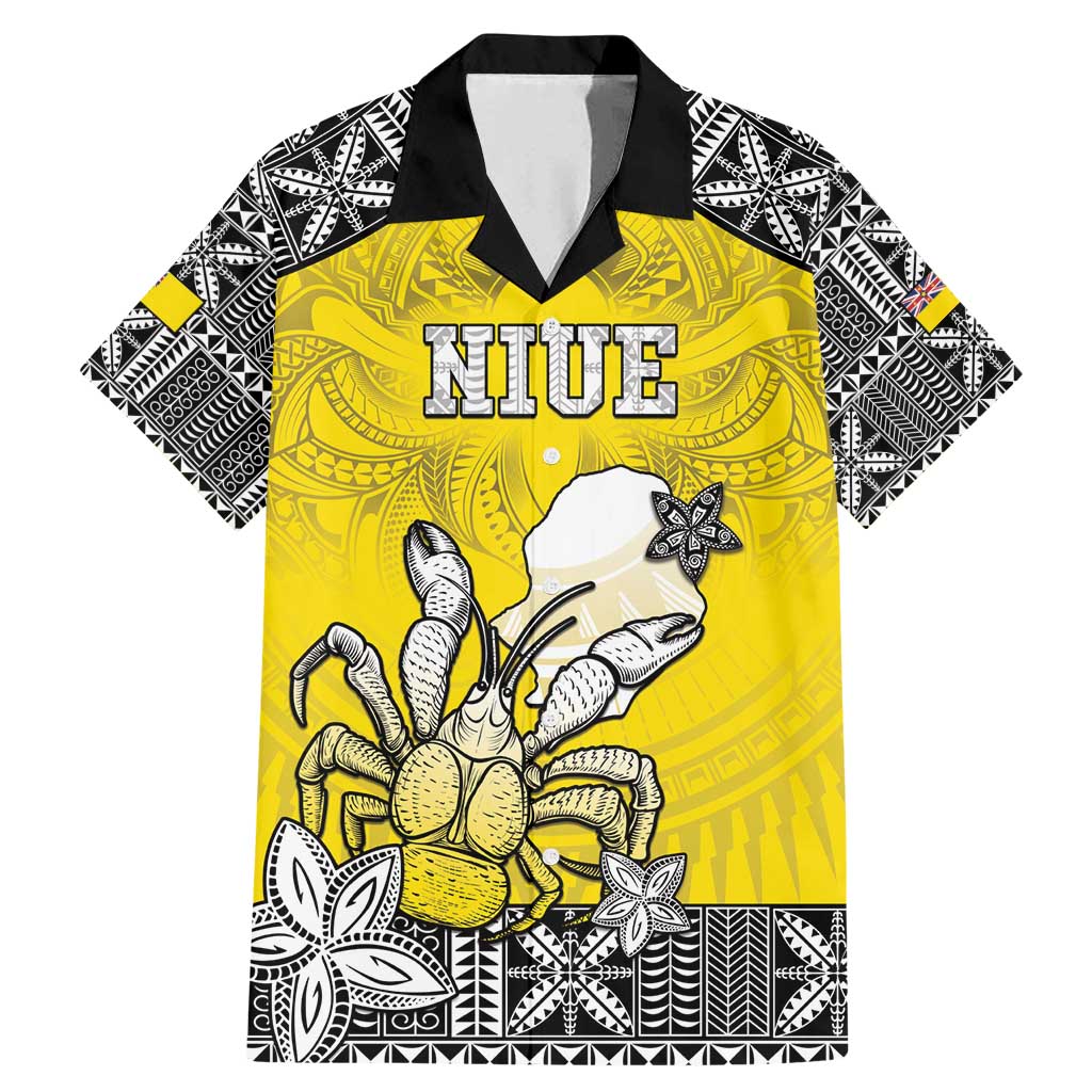 Personalised Happy Niue Constitution Day Family Matching Mermaid Dress and Hawaiian Shirt Niuean Crab Hiapo Pattern Yellow Version LT05 Dad's Shirt - Short Sleeve Yellow - Polynesian Pride