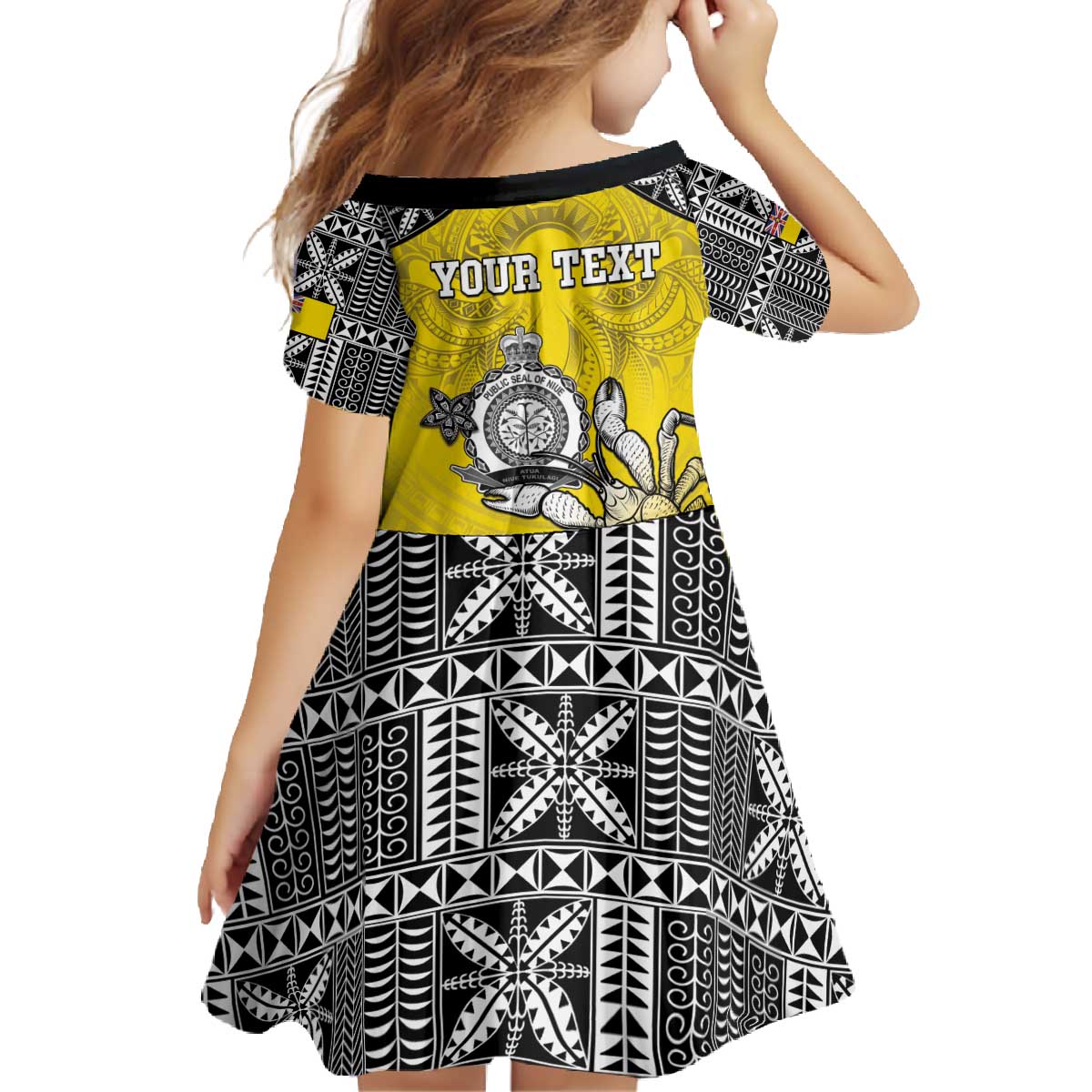 Personalised Happy Niue Constitution Day Family Matching Off The Shoulder Long Sleeve Dress and Hawaiian Shirt Niuean Crab Hiapo Pattern Yellow Version LT05 - Polynesian Pride