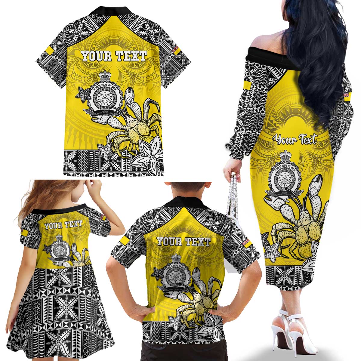 Personalised Happy Niue Constitution Day Family Matching Off The Shoulder Long Sleeve Dress and Hawaiian Shirt Niuean Crab Hiapo Pattern Yellow Version LT05 - Polynesian Pride