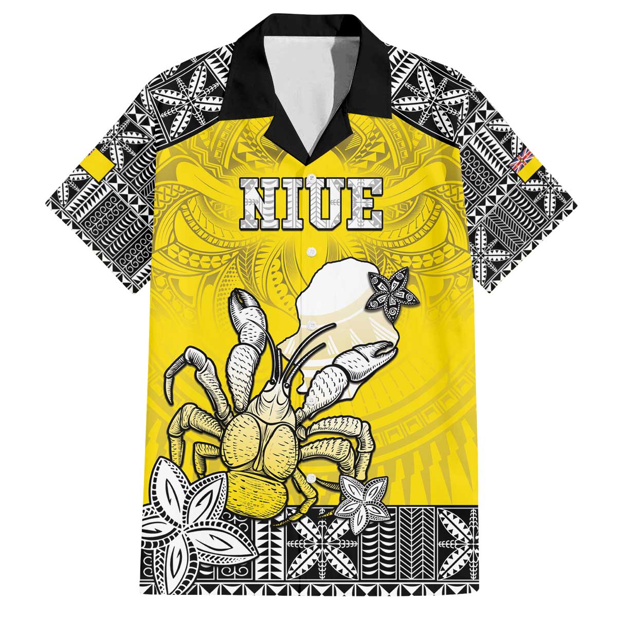 Personalised Happy Niue Constitution Day Family Matching Off The Shoulder Long Sleeve Dress and Hawaiian Shirt Niuean Crab Hiapo Pattern Yellow Version LT05 Dad's Shirt - Short Sleeve Yellow - Polynesian Pride