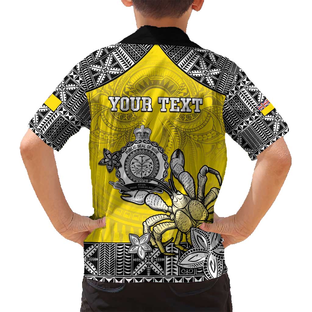 Personalised Happy Niue Constitution Day Family Matching Off Shoulder Maxi Dress and Hawaiian Shirt Niuean Crab Hiapo Pattern Yellow Version LT05 - Polynesian Pride