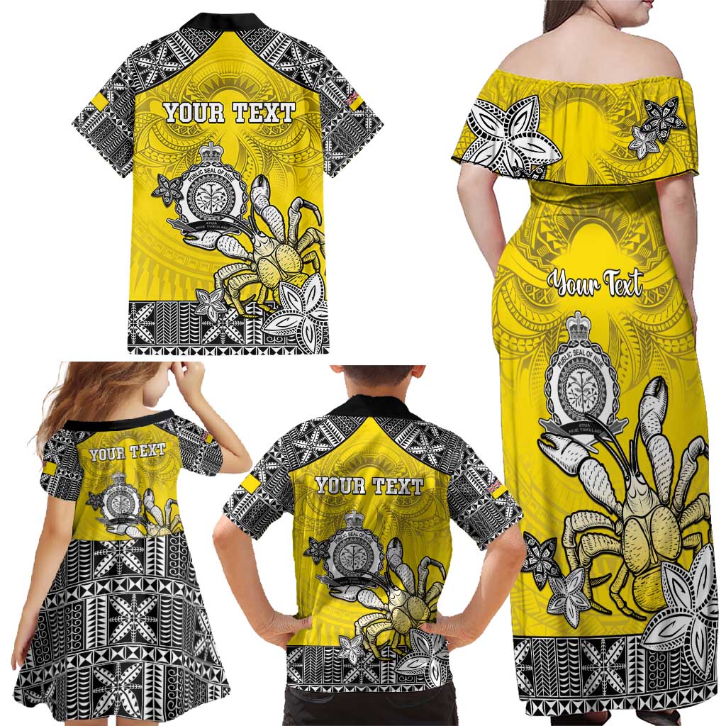 Personalised Happy Niue Constitution Day Family Matching Off Shoulder Maxi Dress and Hawaiian Shirt Niuean Crab Hiapo Pattern Yellow Version LT05 - Polynesian Pride