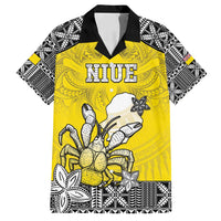 Personalised Happy Niue Constitution Day Family Matching Off Shoulder Maxi Dress and Hawaiian Shirt Niuean Crab Hiapo Pattern Yellow Version LT05 Dad's Shirt - Short Sleeve Yellow - Polynesian Pride