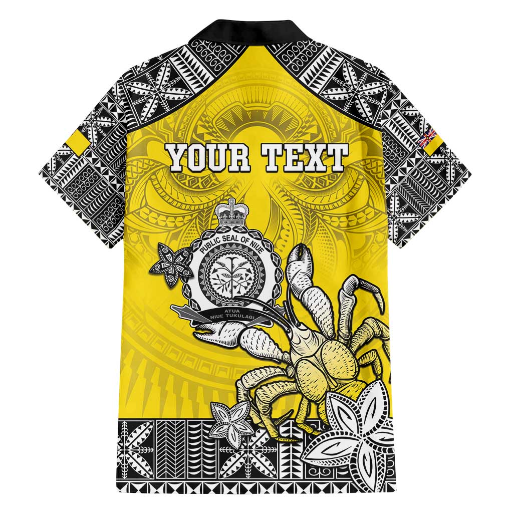 Personalised Happy Niue Constitution Day Family Matching Off Shoulder Maxi Dress and Hawaiian Shirt Niuean Crab Hiapo Pattern Yellow Version LT05 - Polynesian Pride