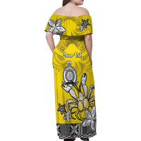 Personalised Happy Niue Constitution Day Family Matching Off Shoulder Maxi Dress and Hawaiian Shirt Niuean Crab Hiapo Pattern Yellow Version LT05 - Polynesian Pride