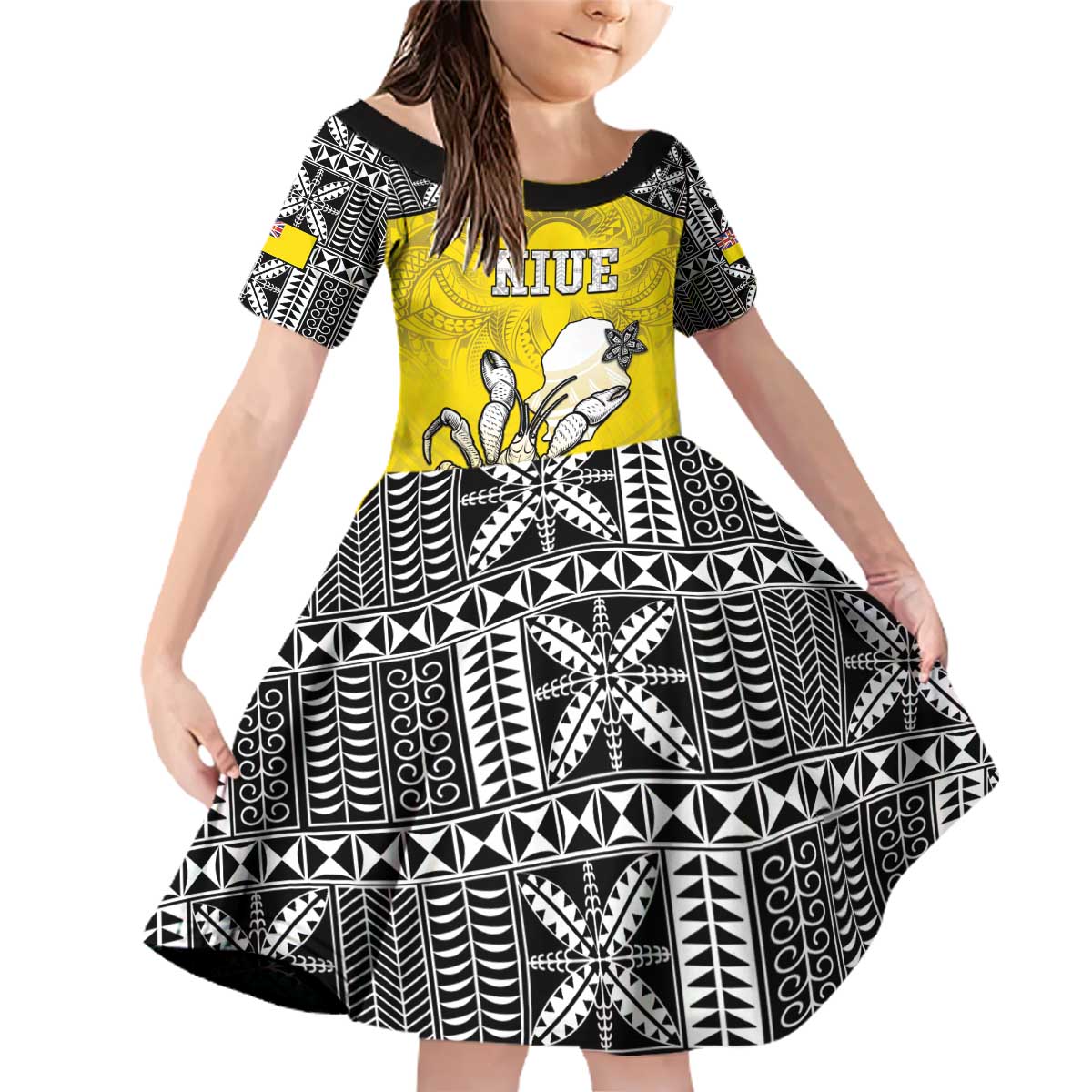 Personalised Happy Niue Constitution Day Family Matching Off Shoulder Short Dress and Hawaiian Shirt Niuean Crab Hiapo Pattern Yellow Version LT05 Daughter's Dress Yellow - Polynesian Pride