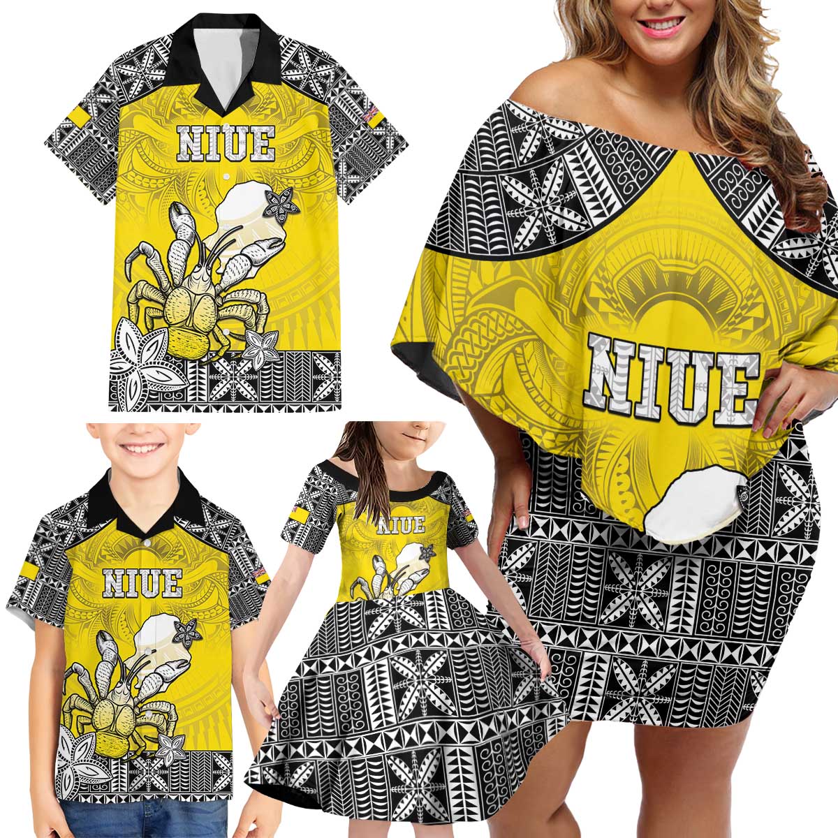 Personalised Happy Niue Constitution Day Family Matching Off Shoulder Short Dress and Hawaiian Shirt Niuean Crab Hiapo Pattern Yellow Version LT05 - Polynesian Pride