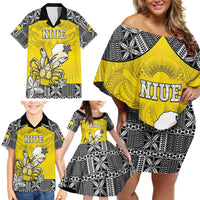 Personalised Happy Niue Constitution Day Family Matching Off Shoulder Short Dress and Hawaiian Shirt Niuean Crab Hiapo Pattern Yellow Version LT05 - Polynesian Pride