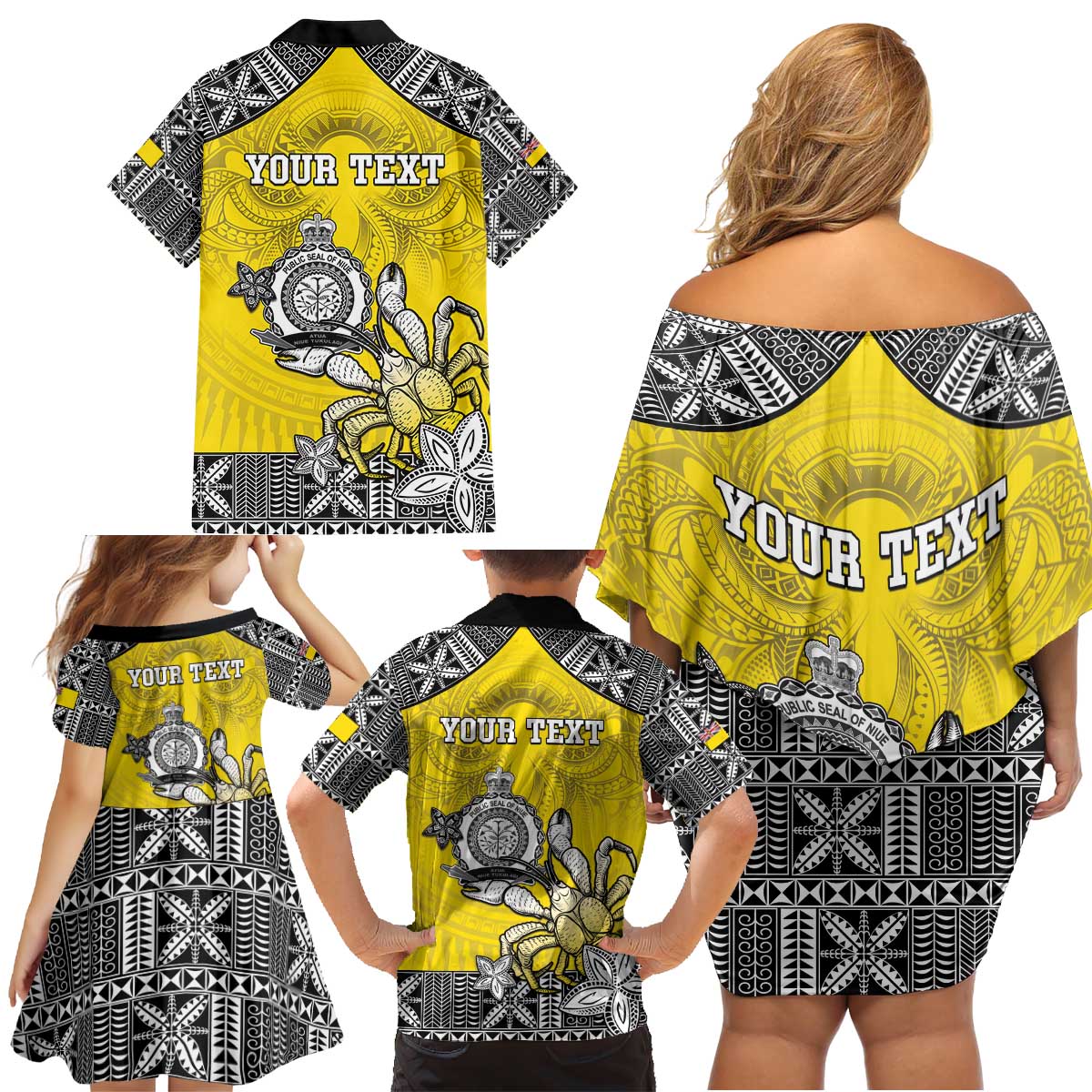Personalised Happy Niue Constitution Day Family Matching Off Shoulder Short Dress and Hawaiian Shirt Niuean Crab Hiapo Pattern Yellow Version LT05 - Polynesian Pride