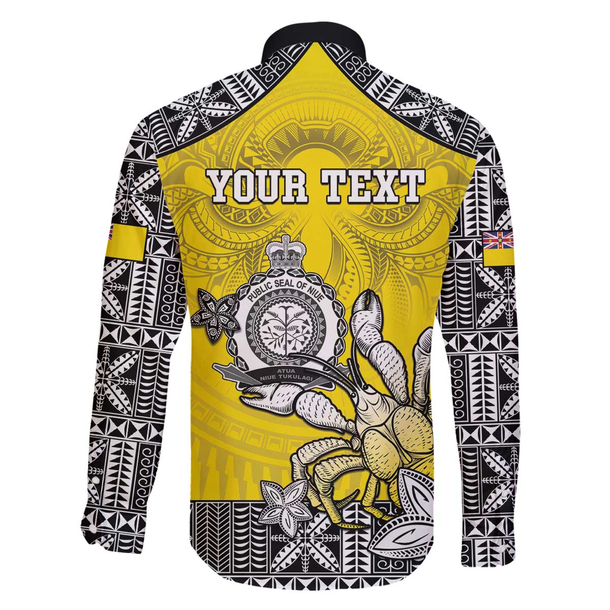 Personalised Happy Niue Constitution Day Family Matching Off Shoulder Short Dress and Hawaiian Shirt Niuean Crab Hiapo Pattern Yellow Version LT05 - Polynesian Pride