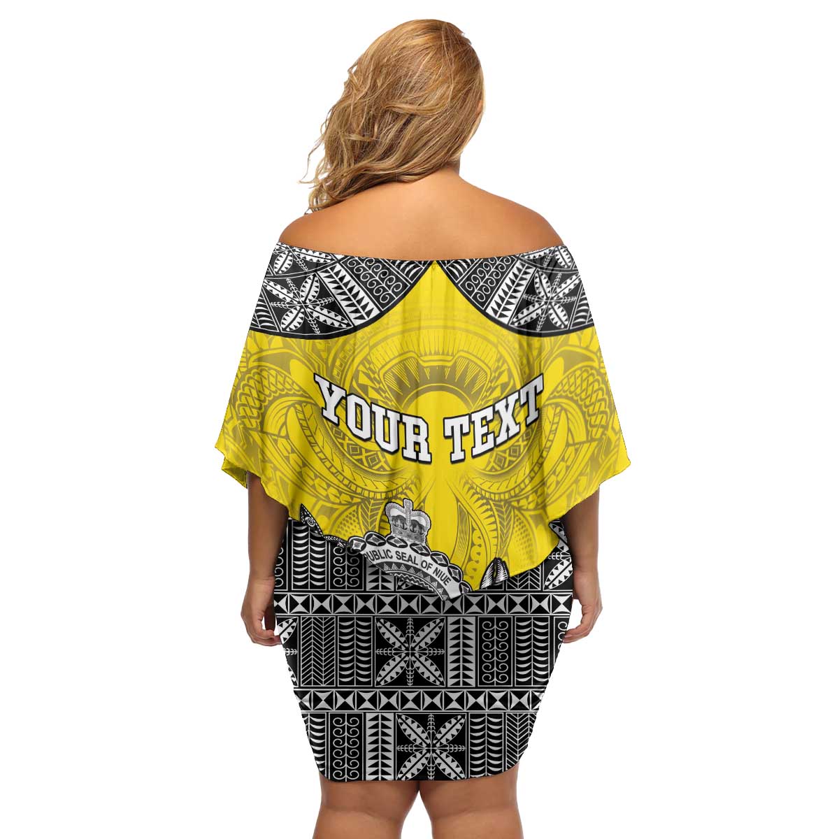 Personalised Happy Niue Constitution Day Family Matching Off Shoulder Short Dress and Hawaiian Shirt Niuean Crab Hiapo Pattern Yellow Version LT05 - Polynesian Pride