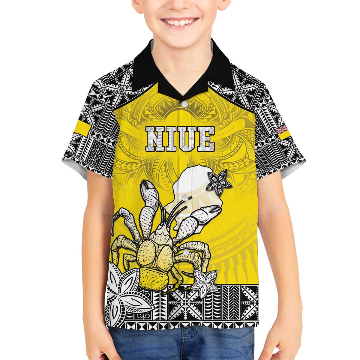 Personalised Happy Niue Constitution Day Family Matching Off Shoulder Short Dress and Hawaiian Shirt Niuean Crab Hiapo Pattern Yellow Version LT05 Son's Shirt Yellow - Polynesian Pride