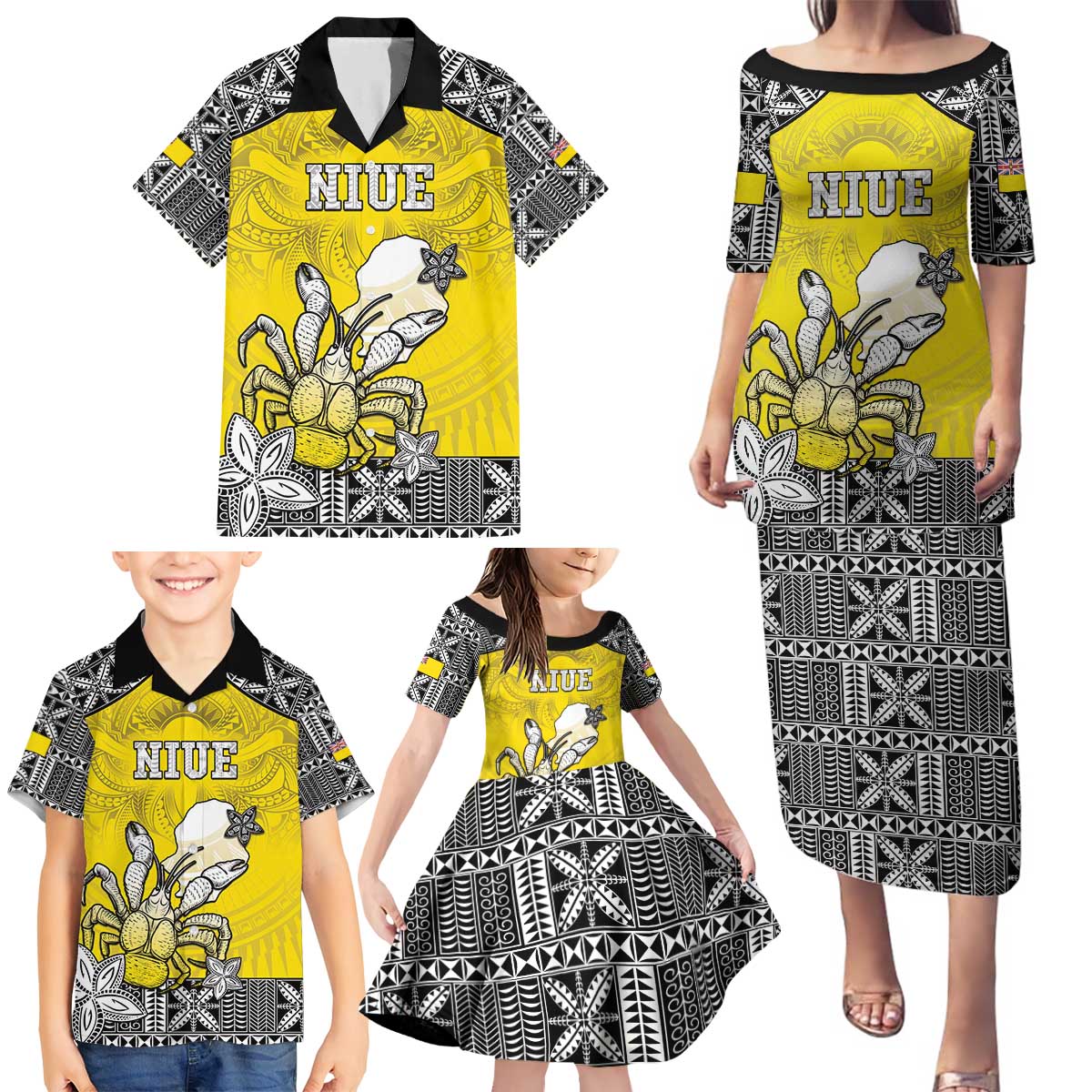 Personalised Happy Niue Constitution Day Family Matching Puletasi and Hawaiian Shirt Niuean Crab Hiapo Pattern Yellow Version LT05 - Polynesian Pride