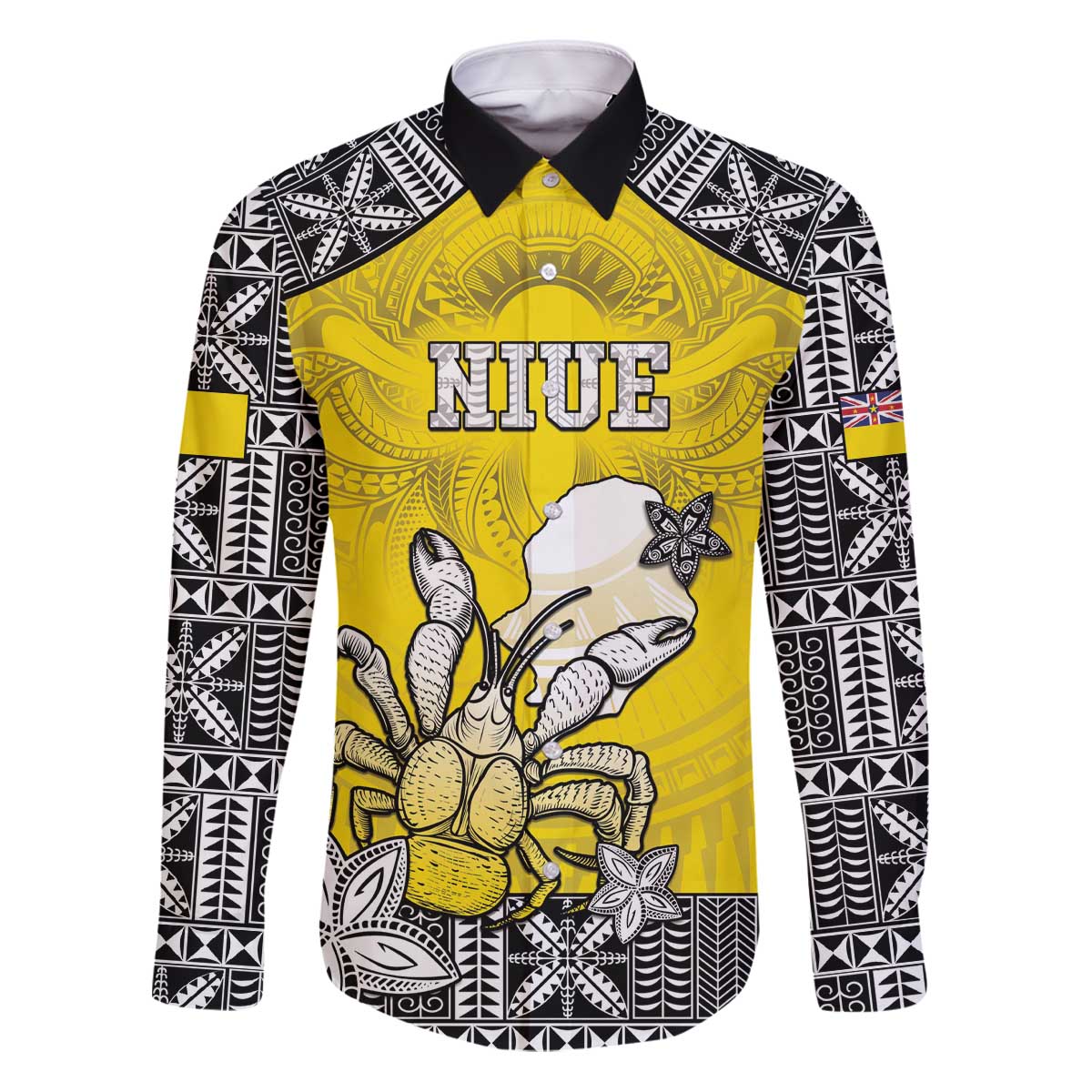 Personalised Happy Niue Constitution Day Family Matching Puletasi and Hawaiian Shirt Niuean Crab Hiapo Pattern Yellow Version LT05 Dad's Shirt - Long Sleeve Yellow - Polynesian Pride
