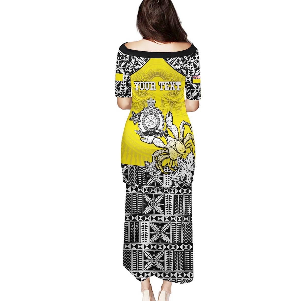 Personalised Happy Niue Constitution Day Family Matching Puletasi and Hawaiian Shirt Niuean Crab Hiapo Pattern Yellow Version LT05 - Polynesian Pride