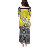 Personalised Happy Niue Constitution Day Family Matching Puletasi and Hawaiian Shirt Niuean Crab Hiapo Pattern Yellow Version LT05 - Polynesian Pride