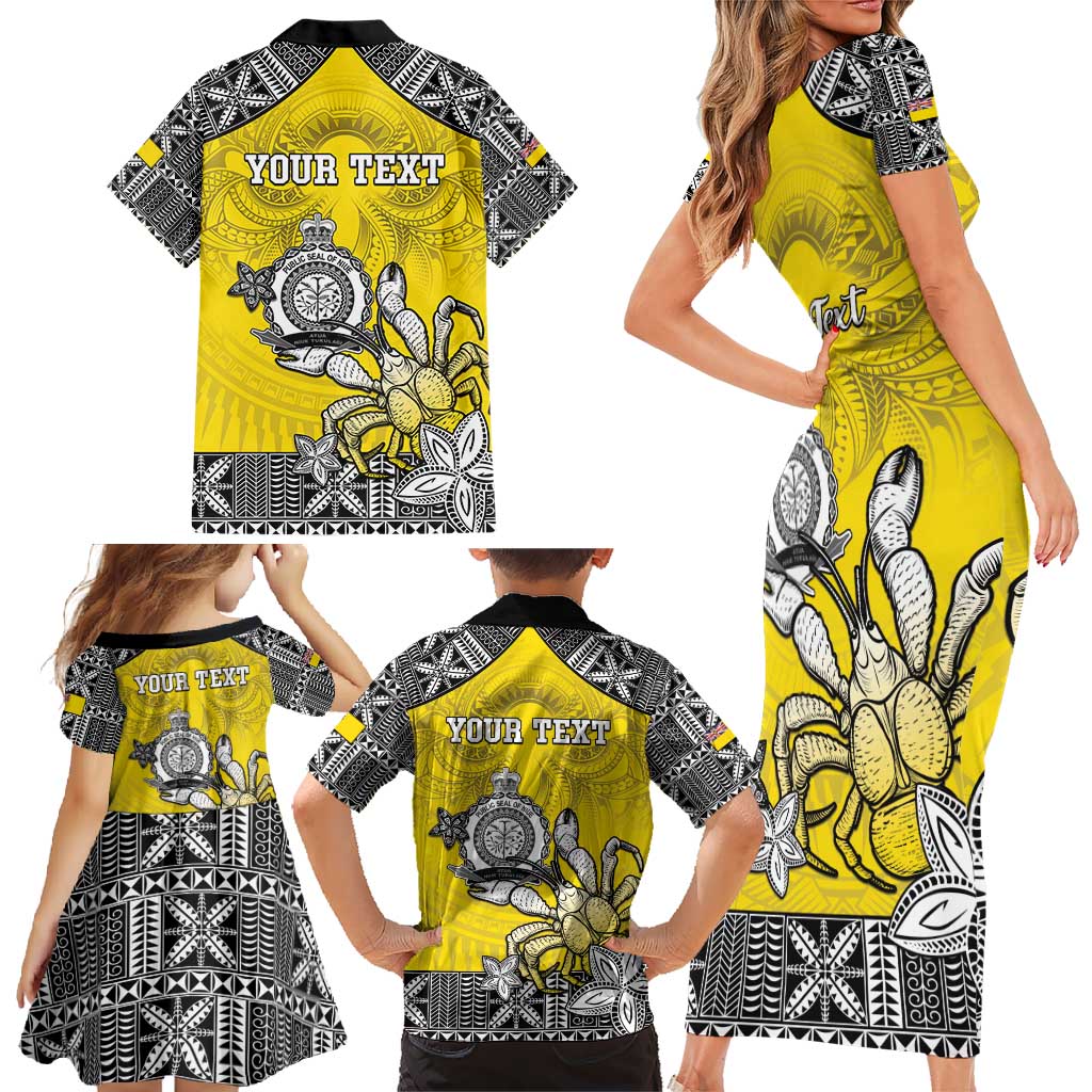 Personalised Happy Niue Constitution Day Family Matching Short Sleeve Bodycon Dress and Hawaiian Shirt Niuean Crab Hiapo Pattern Yellow Version LT05 - Polynesian Pride