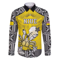 Personalised Happy Niue Constitution Day Family Matching Short Sleeve Bodycon Dress and Hawaiian Shirt Niuean Crab Hiapo Pattern Yellow Version LT05 Dad's Shirt - Long Sleeve Yellow - Polynesian Pride