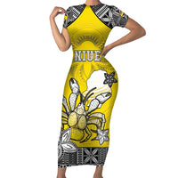 Personalised Happy Niue Constitution Day Family Matching Short Sleeve Bodycon Dress and Hawaiian Shirt Niuean Crab Hiapo Pattern Yellow Version LT05 Mom's Dress Yellow - Polynesian Pride