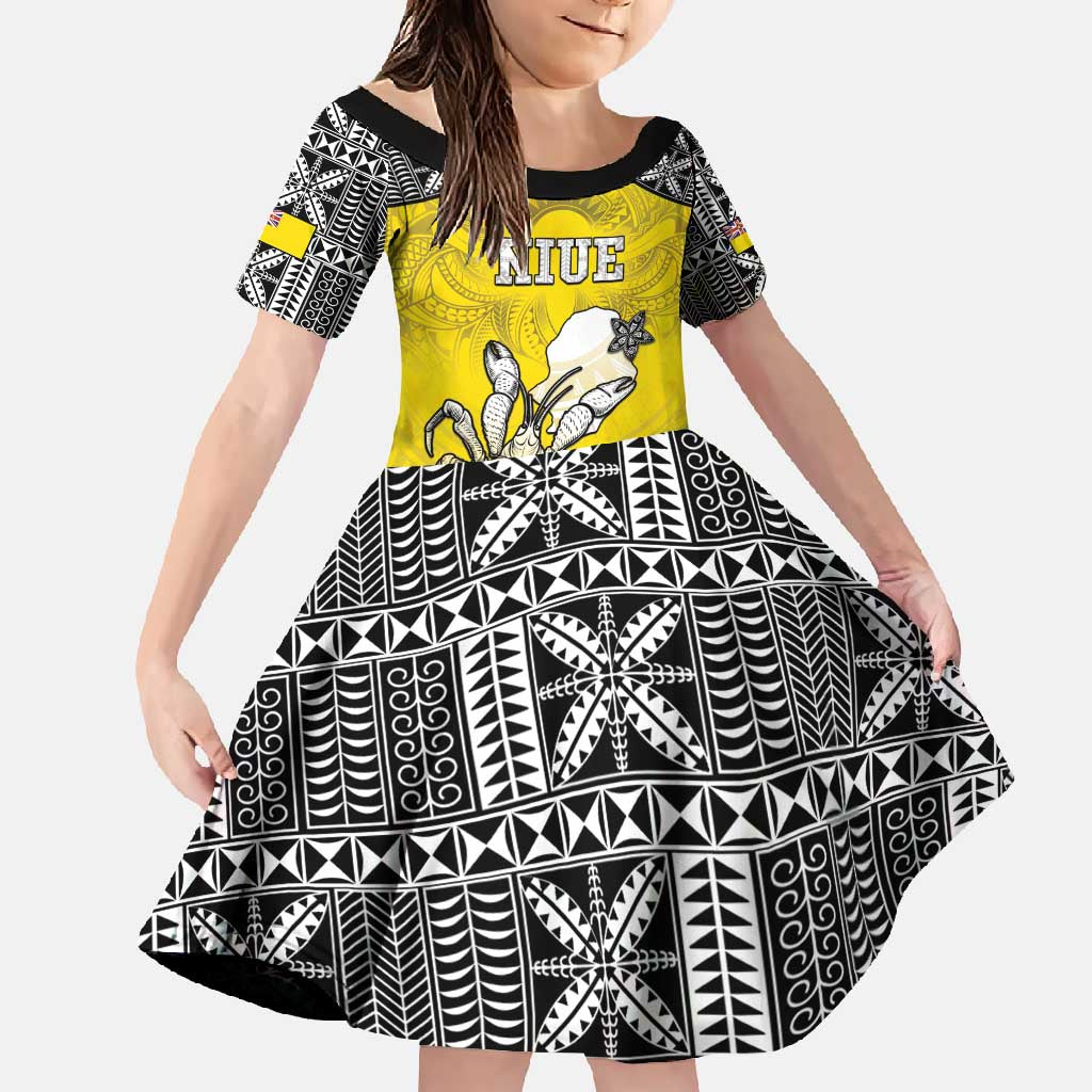 Personalised Happy Niue Constitution Day Family Matching Summer Maxi Dress and Hawaiian Shirt Niuean Crab Hiapo Pattern Yellow Version LT05 Daughter's Dress Yellow - Polynesian Pride