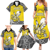 Personalised Happy Niue Constitution Day Family Matching Summer Maxi Dress and Hawaiian Shirt Niuean Crab Hiapo Pattern Yellow Version LT05 - Polynesian Pride