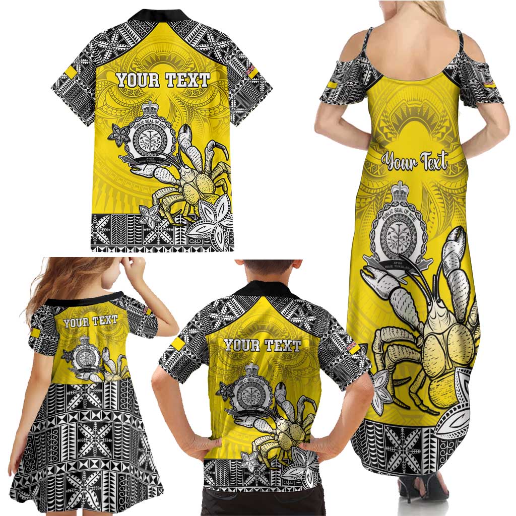 Personalised Happy Niue Constitution Day Family Matching Summer Maxi Dress and Hawaiian Shirt Niuean Crab Hiapo Pattern Yellow Version LT05 - Polynesian Pride