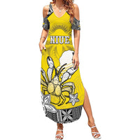 Personalised Happy Niue Constitution Day Family Matching Summer Maxi Dress and Hawaiian Shirt Niuean Crab Hiapo Pattern Yellow Version LT05 Mom's Dress Yellow - Polynesian Pride