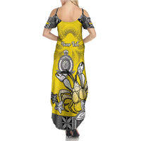 Personalised Happy Niue Constitution Day Family Matching Summer Maxi Dress and Hawaiian Shirt Niuean Crab Hiapo Pattern Yellow Version LT05 - Polynesian Pride