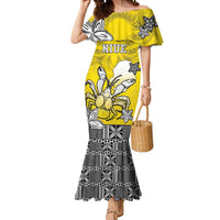 Personalised Happy Niue Constitution Day Mermaid Dress Niuean Crab Hiapo Pattern Yellow Version LT05 Women Yellow - Polynesian Pride