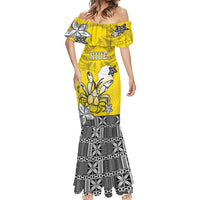 Personalised Happy Niue Constitution Day Mermaid Dress Niuean Crab Hiapo Pattern Yellow Version LT05 - Polynesian Pride